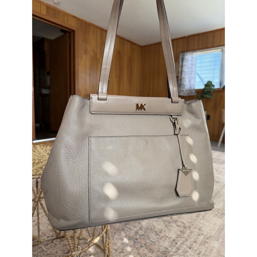 Michael Kors Meredith Medium East/West Bonded Leather Tote Truffle $278